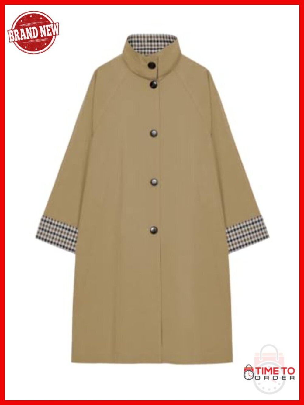 Plaid Spliced Long Trench Coat Single Breasted Stand Collar
